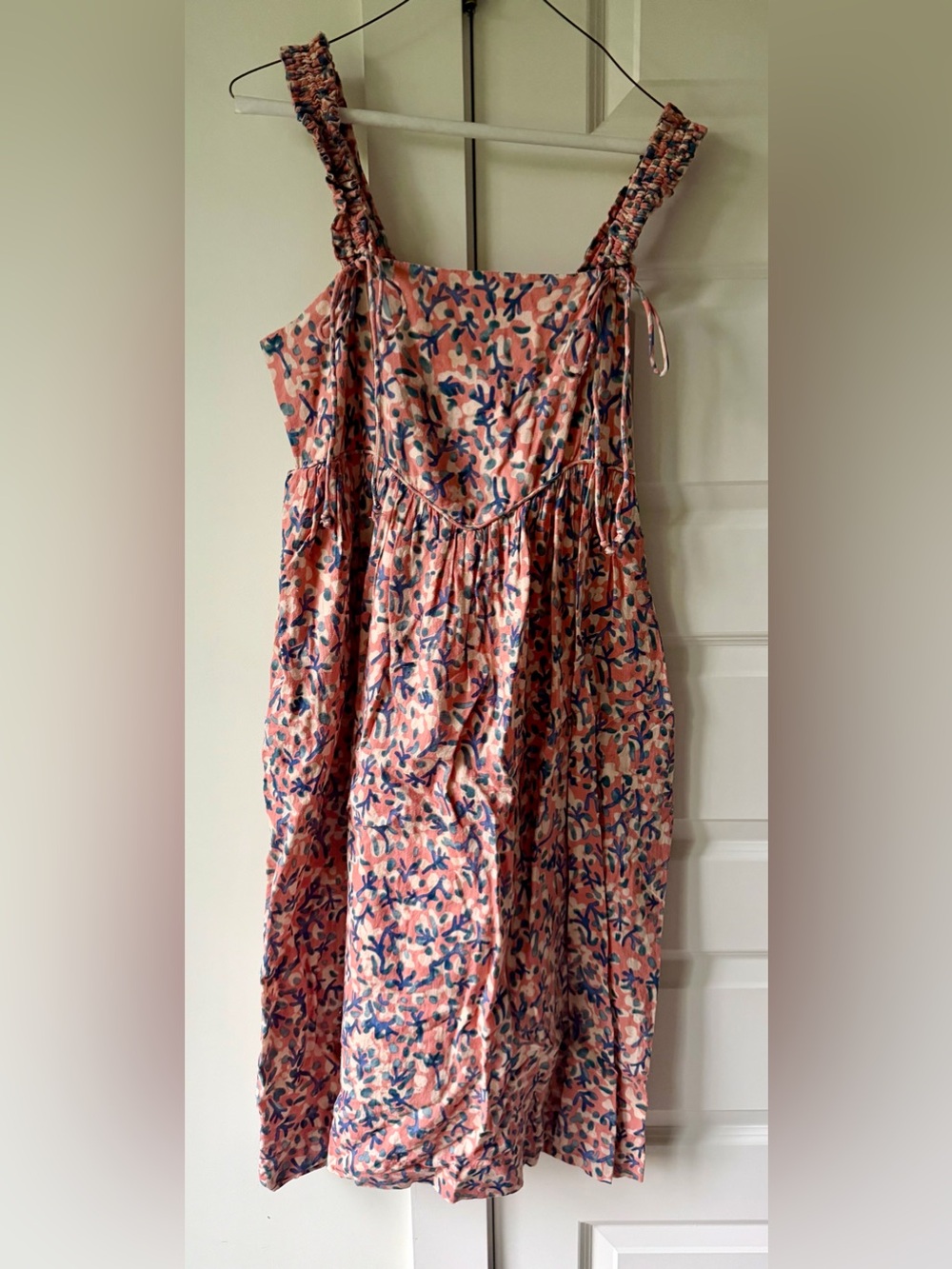 Pink Floral Midi Dress with Smocked Straps